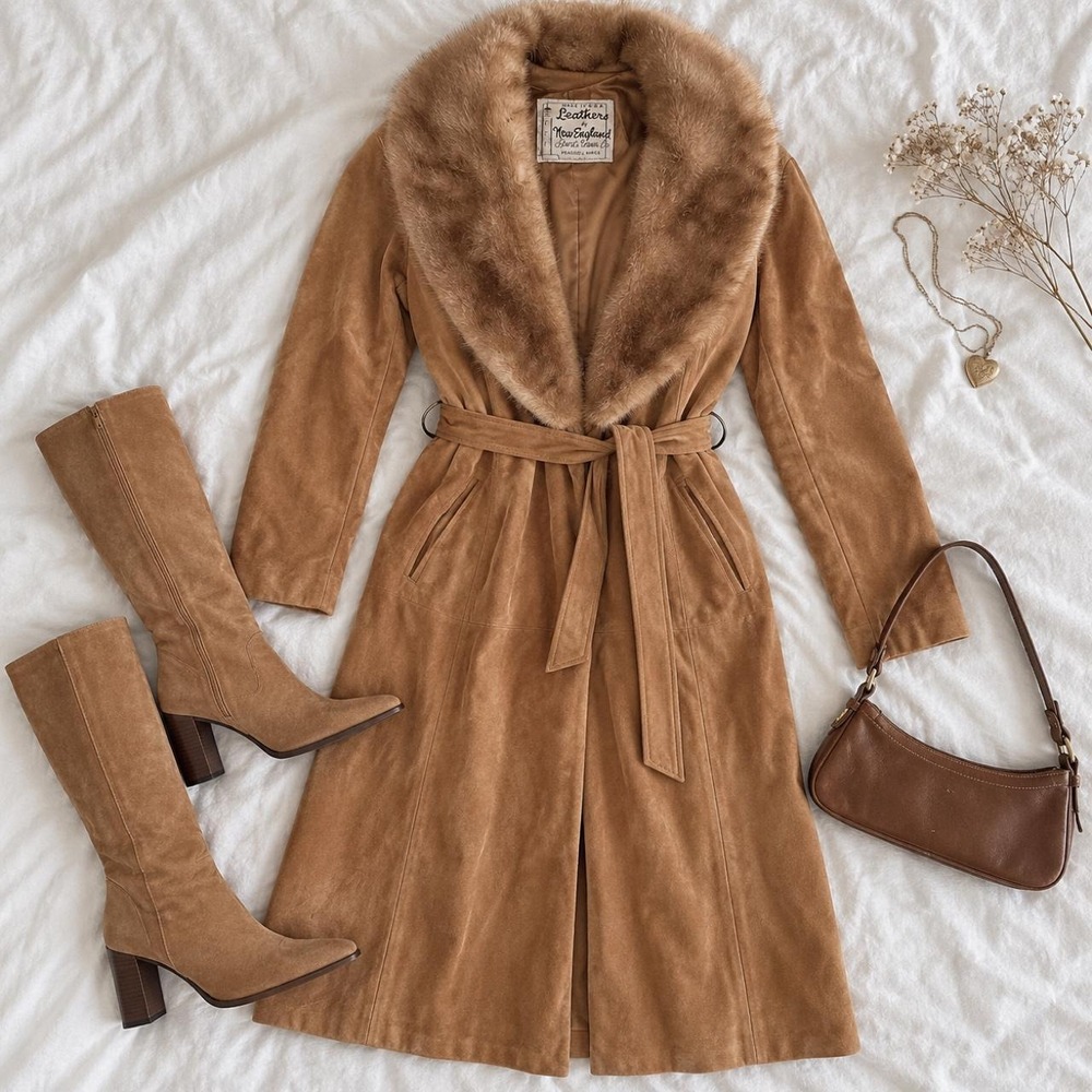 70s fur collar coat  leathers by new england long camel coat
